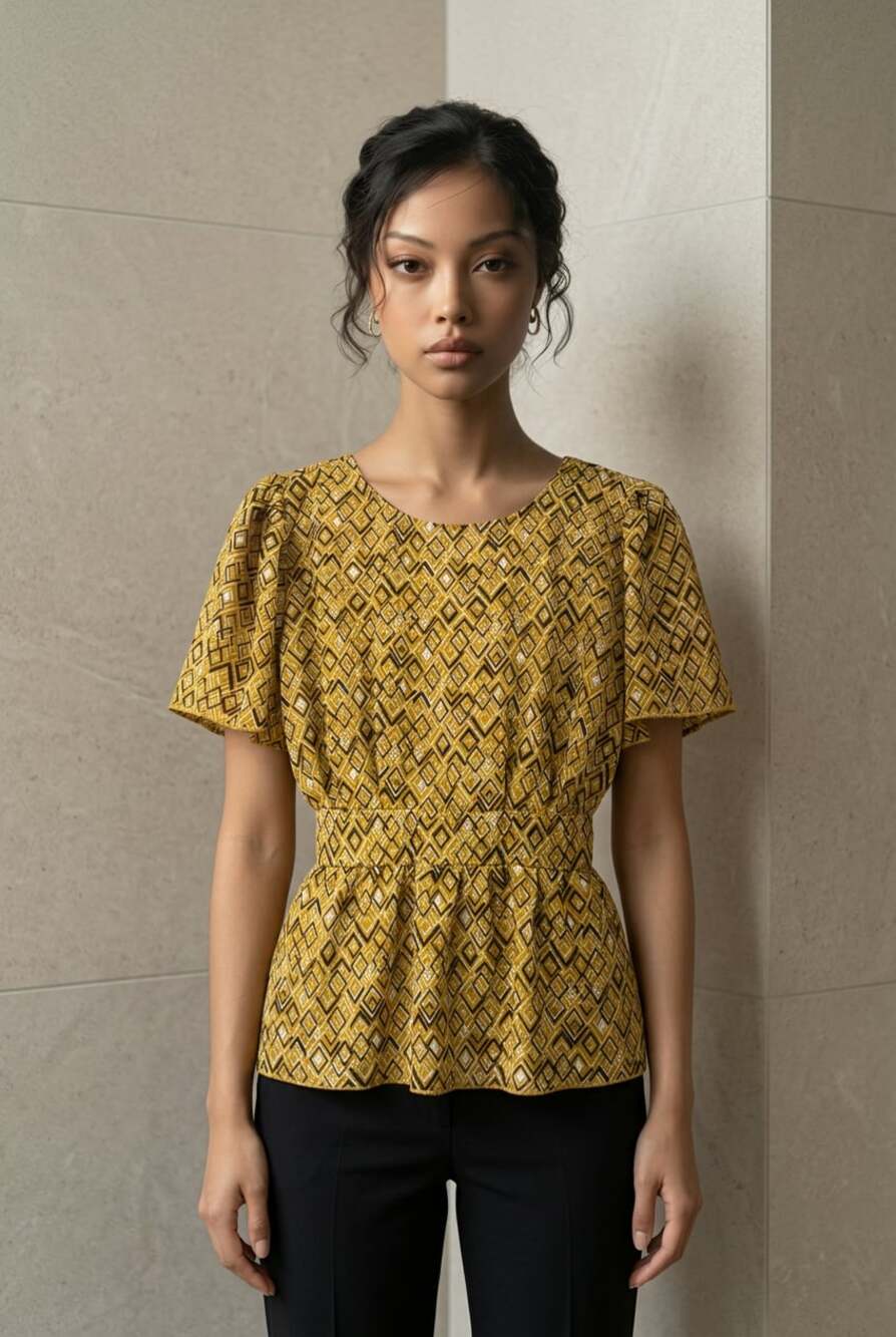 janetchung Mustard Geometric Print Short Sleeve Peplum Blouse with Tie Back size